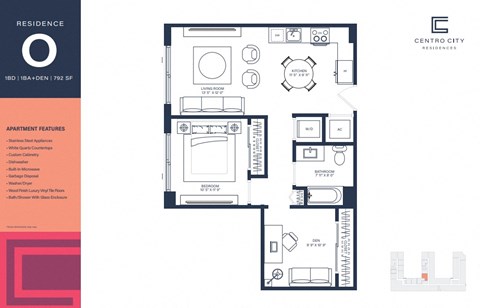 Floor plan for 1 bed, 1 bath, 792 sqft